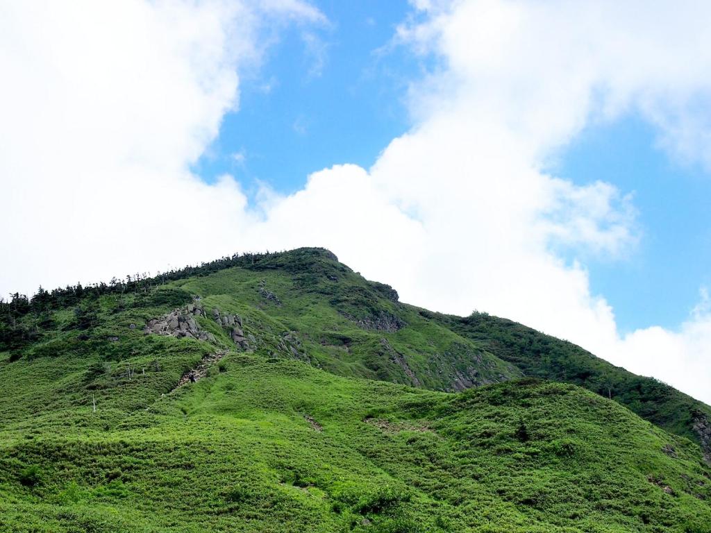 une montagne verte avec un ciel bleu et des nuages dans l'établissement Hotel Iwasuge, à Yamanouchi