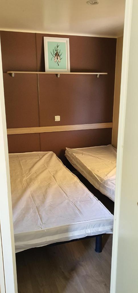 une chambre avec deux lits et un tableau au mur dans l'établissement Mobil Home climatisé 6 personnes, à La Roque-dʼAnthéron