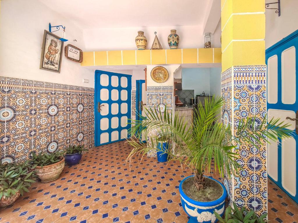 une chambre avec des plantes en pot au sol d'une maison dans l'établissement Riad MIYA, à Essaouira
