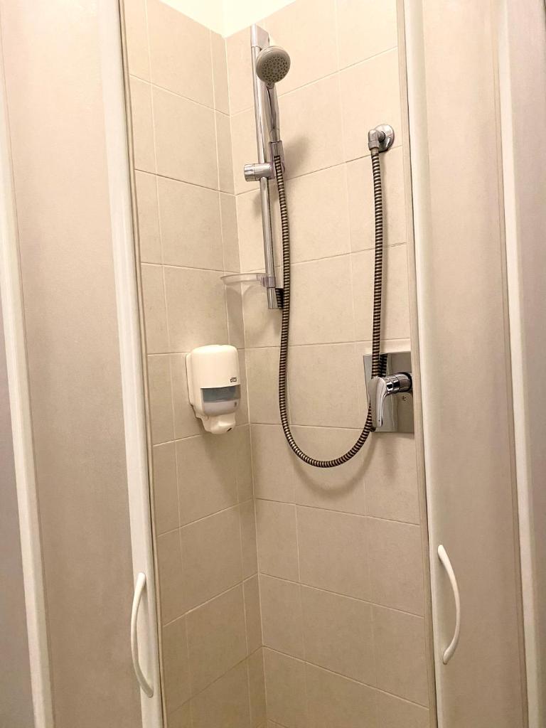 une salle de bain avec une douche avec pommeau de douche dans l'établissement Hotel Sangro, à Mozzagrogna