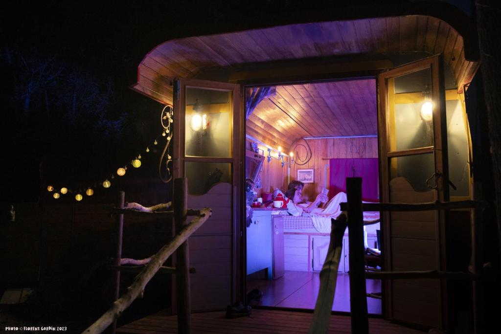 une cuisine avec un éclairage violet dans une pièce avec un comptoir dans l'établissement La Roulotte Cavalière, au cœur d'une manade en Camargue, à Mas-Thibert