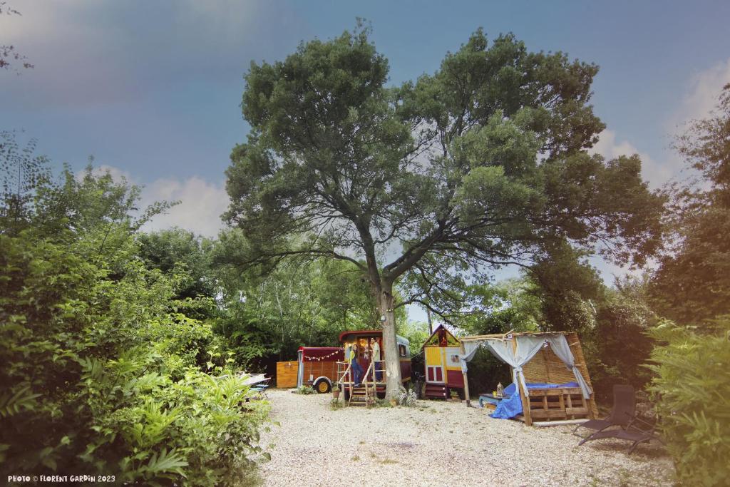 un parc avec une aire de jeux et un arbre dans l'établissement Authentique roulotte en Camargue, à Arles
