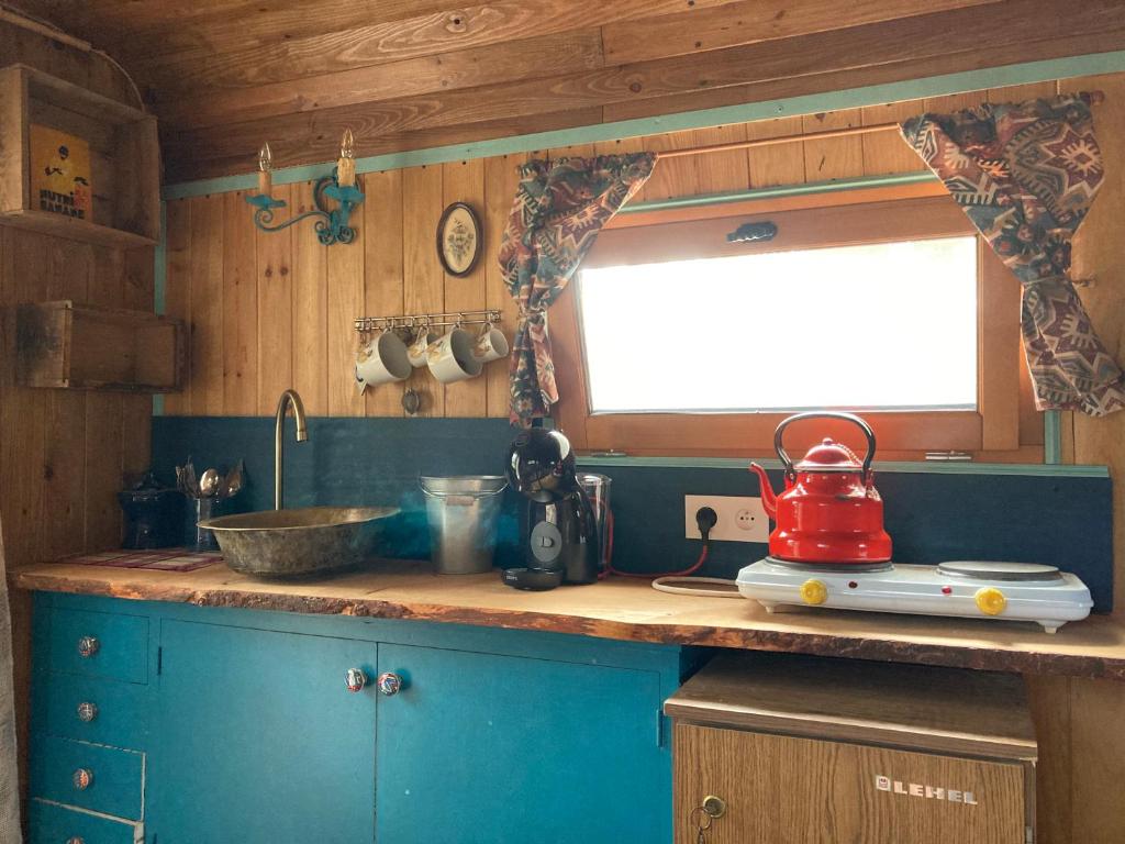 - une cuisine avec une bouilloire rouge sur un comptoir dans l'établissement Authentique roulotte en Camargue, à Arles