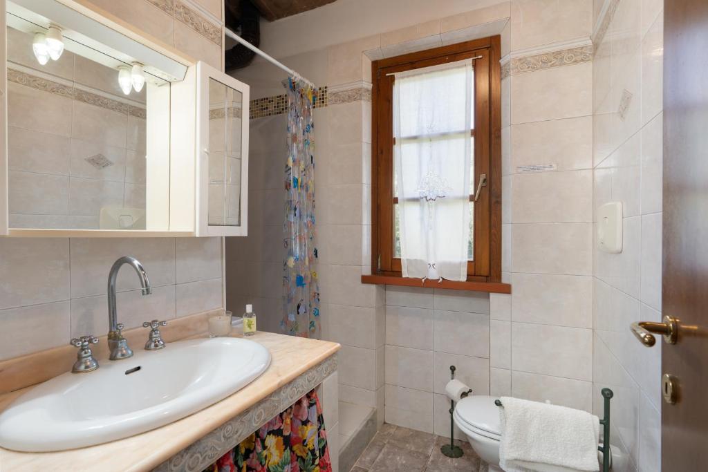 une salle de bain avec un lavabo et des toilettes dans l'établissement Villa Le Vigne, à Bibbona