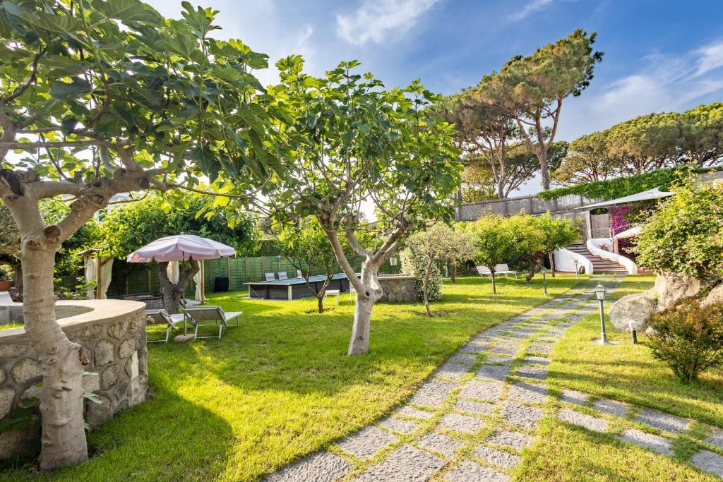 un jardin avec des arbres et un chemin en pierre dans l'établissement Villa Conchiglia blu con piscina, à Ischia