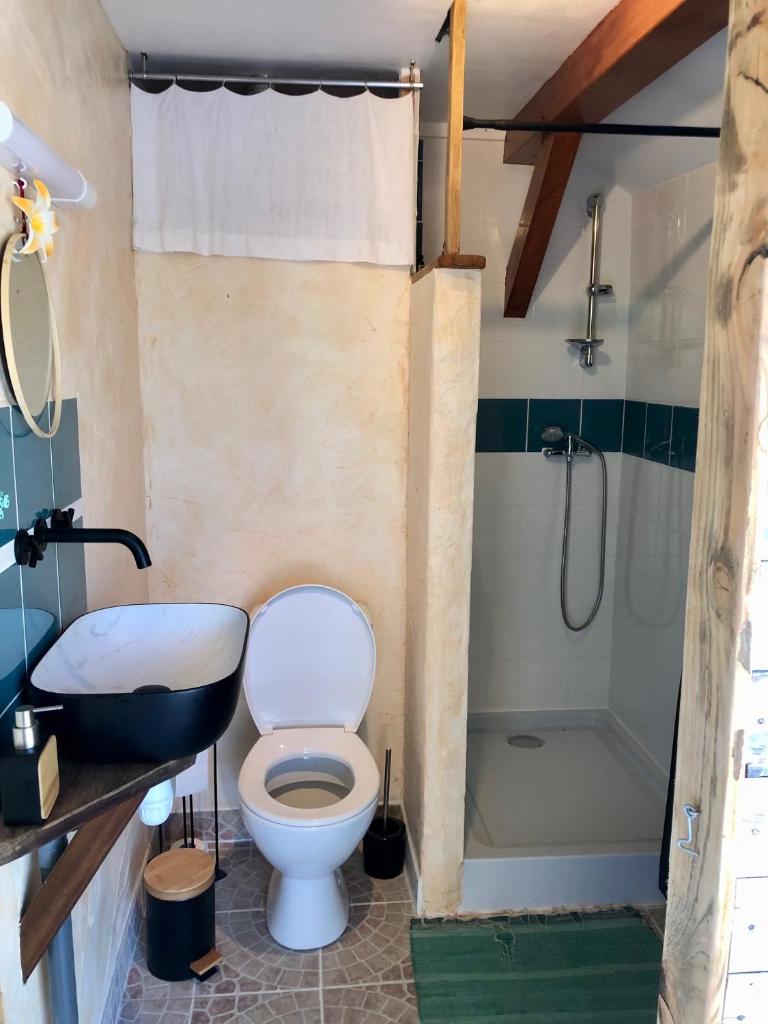 une salle de bain avec toilettes et douche dans l'établissement La Roulotte du Coustal, Cajarc, Lot, à Cajarc 37 autres photos