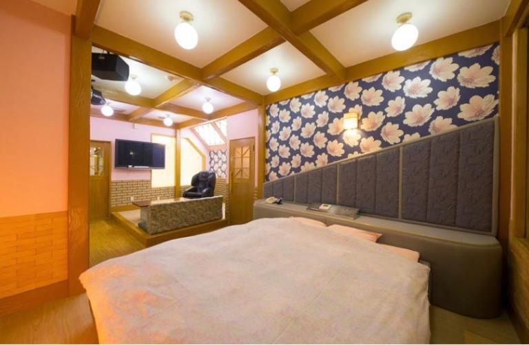 une chambre avec un grand lit et une baignoire dans l'établissement ホテル　アイネ　香芝店, à Kashiba