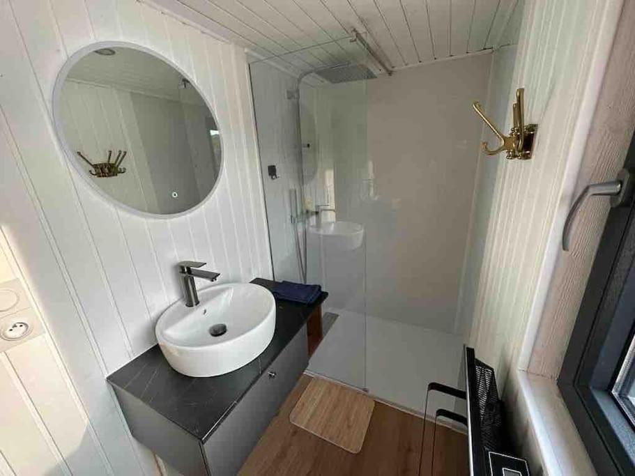 une salle de bain avec un lavabo et un miroir dans l'établissement Rêve sur l’eau, à Moisson