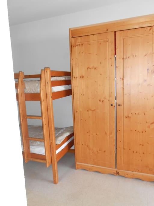 - un lit superposé et une échelle à côté d'une armoire en bois dans l'établissement Jolie vue de l'Hélianthéme, à Saint-Étienne-en-Dévoluy