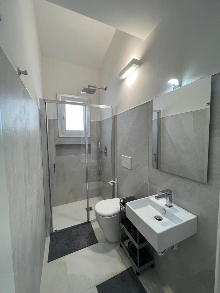 une salle de bain avec un lavabo, des toilettes et une douche dans l'établissement Villa Giuliana Luxury Home: piscina, solarium, barbecue. A pochi passi dal mare, à Fontane Bianche