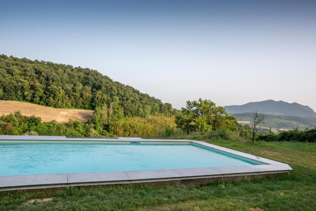 une piscine dans l'herbe avec une montagne en arrière-plan dans l'établissement Luxury Country Villa Daniele, à Poggio Sommavilla