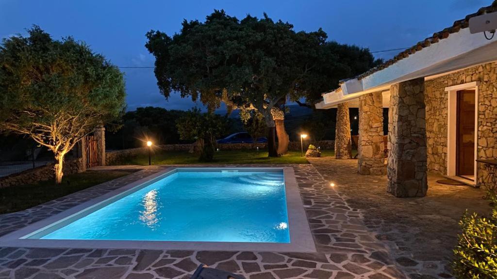 une piscine devant une maison la nuit dans l'établissement Villa De La Seliga, à Sant Antonio Di Gallura