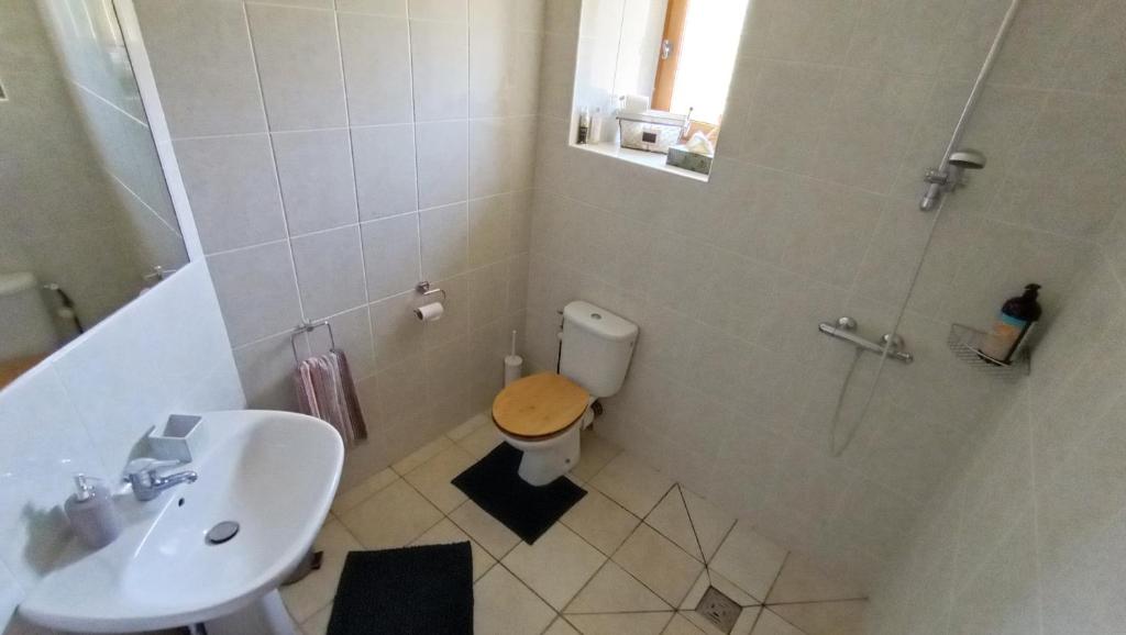 une salle de bain avec toilettes, lavabo et douche dans l'établissement Yourte Maison Oya, à Montréal