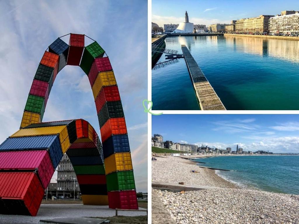 un collage de photos de la plage et d'une arche dans l'établissement Baroudeur des mers, au Havre 10 autres photos
