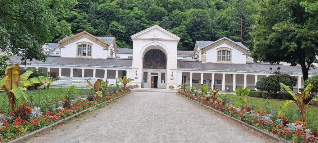 un grand bâtiment blanc avec un sentier devant lui dans l'établissement Le Louchonnais, T2, wifi, 4 personnes, à Luchon
