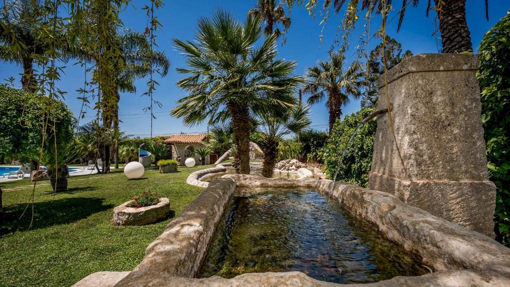 un étang dans un jardin planté de palmiers dans l'établissement VILLA CUTRERA 8, Emma Villas, à Chiaramonte Gulfi