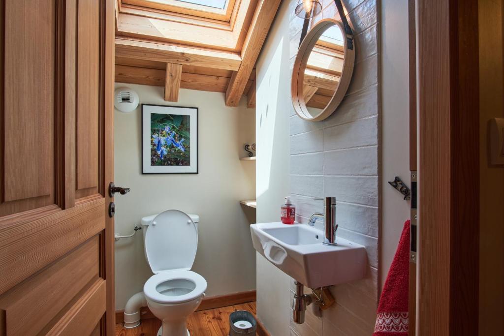 une salle de bain avec toilettes et lavabo dans l'établissement Chalet Le Grand Cerf, à Saint-Étienne-en-Dévoluy 14 autres photos