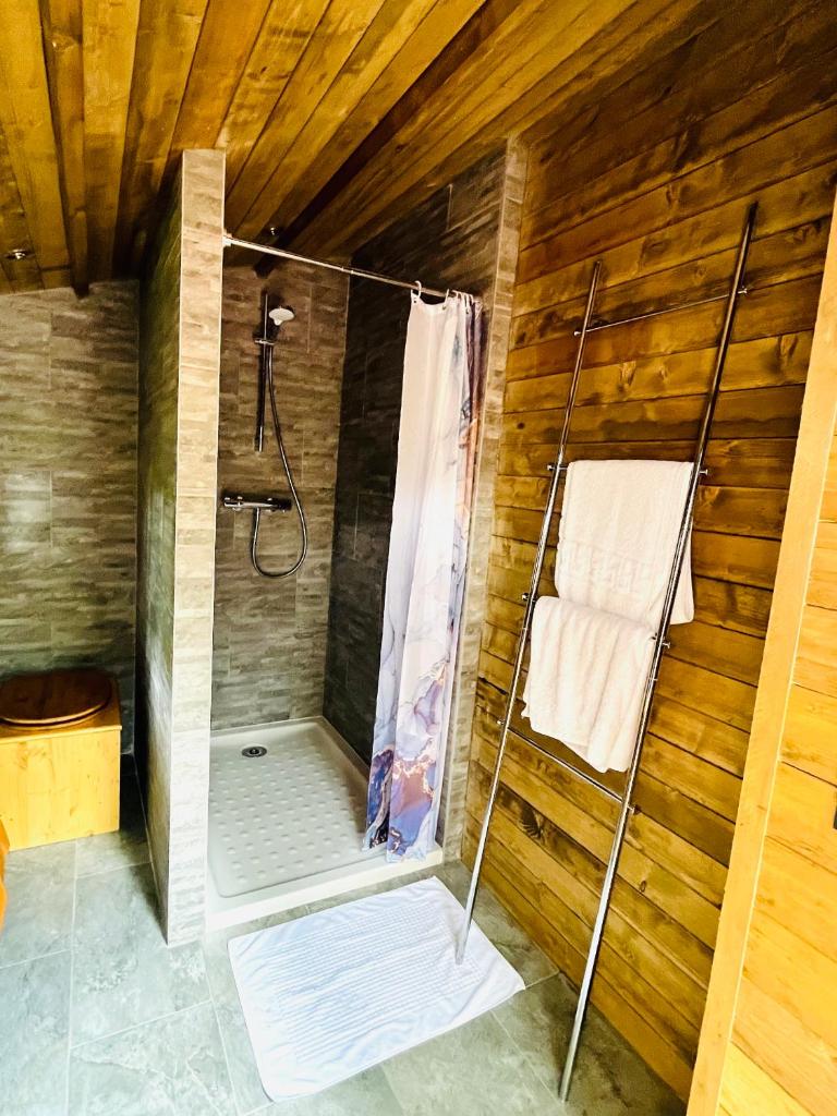 La salle de bains est pourvue d'une douche et d'un mur en bois. dans l'établissement Aux Étangs de Jourgnac - Yourte, à Jourgnac