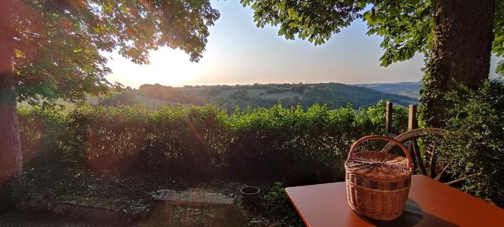 une corbeille assise sur une table avec vue dans l'établissement Tente lodge la Flavignienne, à Flavigny-sur-Ozerain 6 autres photos