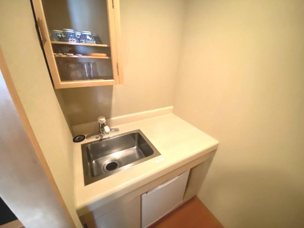 La petite salle de bains est pourvue d'un lavabo et d'une armoire. dans l'établissement Shikaribetsu Kohan Onsen Hotel Fusui, à Shikaoi