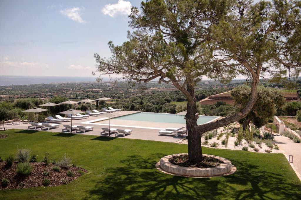 - une vue aérienne sur une villa avec un arbre et une piscine dans l'établissement Masseria Auraterrae, à Polignano a Mare