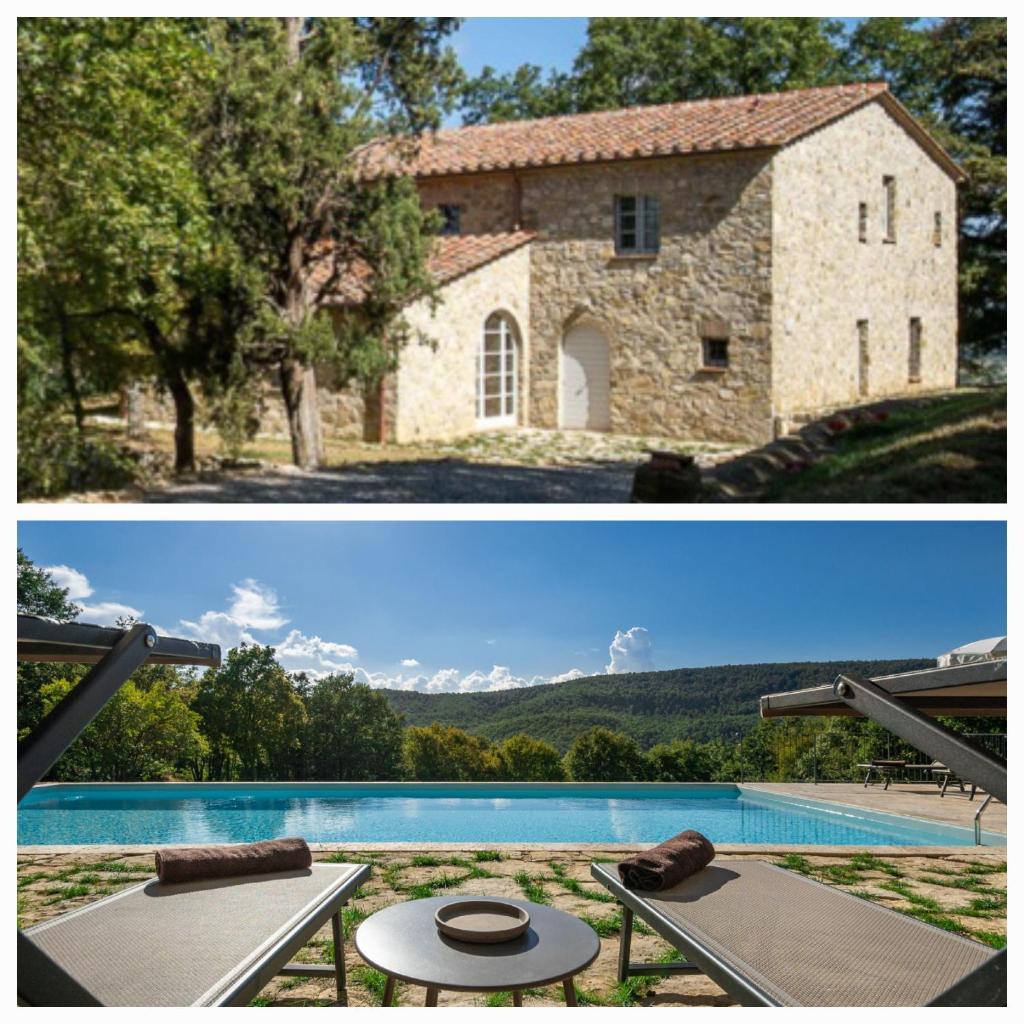 deux photos d'une maison en pierre et d'une piscine dans l'établissement Villa Lucarella with pool, Air Con - San Casciano dei Bagni, à San Casciano dei Bagni