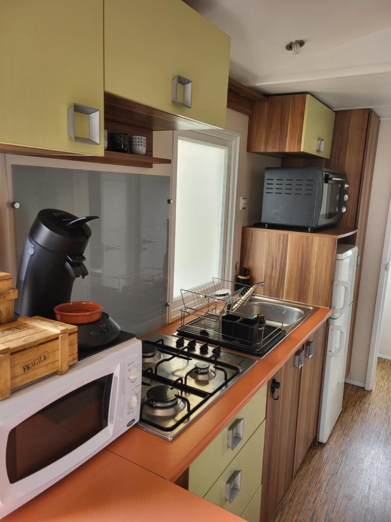 une cuisine avec un micro-ondes et une cuisinière four supérieur dans l'établissement Anthony MH 140, à Port-la-Nouvelle