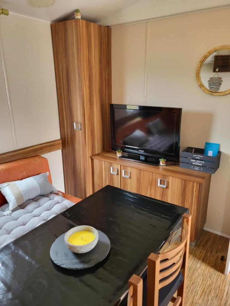 un salon avec une table et une télévision dans l'établissement Anthony MH 140, à Port-la-Nouvelle