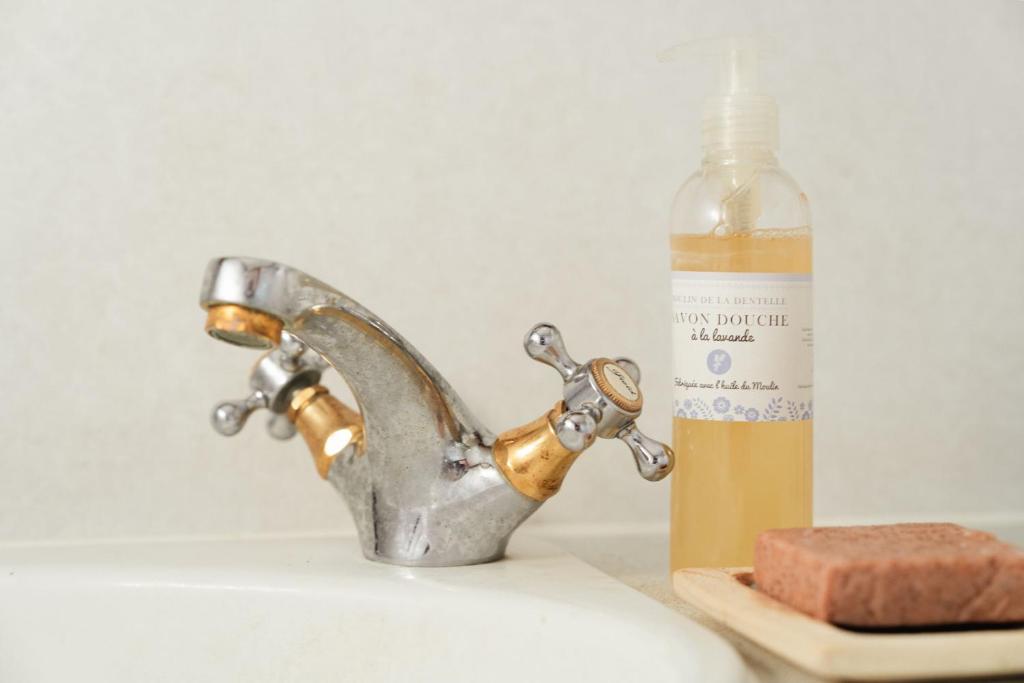 - un lavabo avec robinet et une bouteille de savon dans l'établissement Hébergement insolite en demi-pension et excursion gastronomique en bateau, à Bouzigues