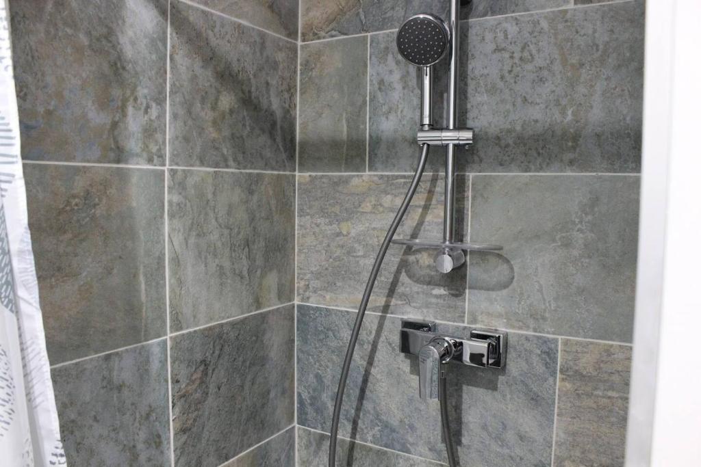 une douche avec pommeau de douche dans une salle de bain dans l'établissement Le Biaou, à Albias