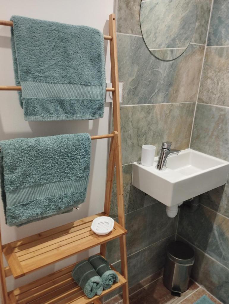 une salle de bain avec un lavabo, un miroir et des serviettes dans l'établissement Le Biaou, à Albias