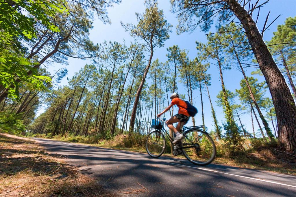 Un homme à vélo sur une route dans l'établissement Mobilhome Labenne Océan, à Labenne 1 autre photo