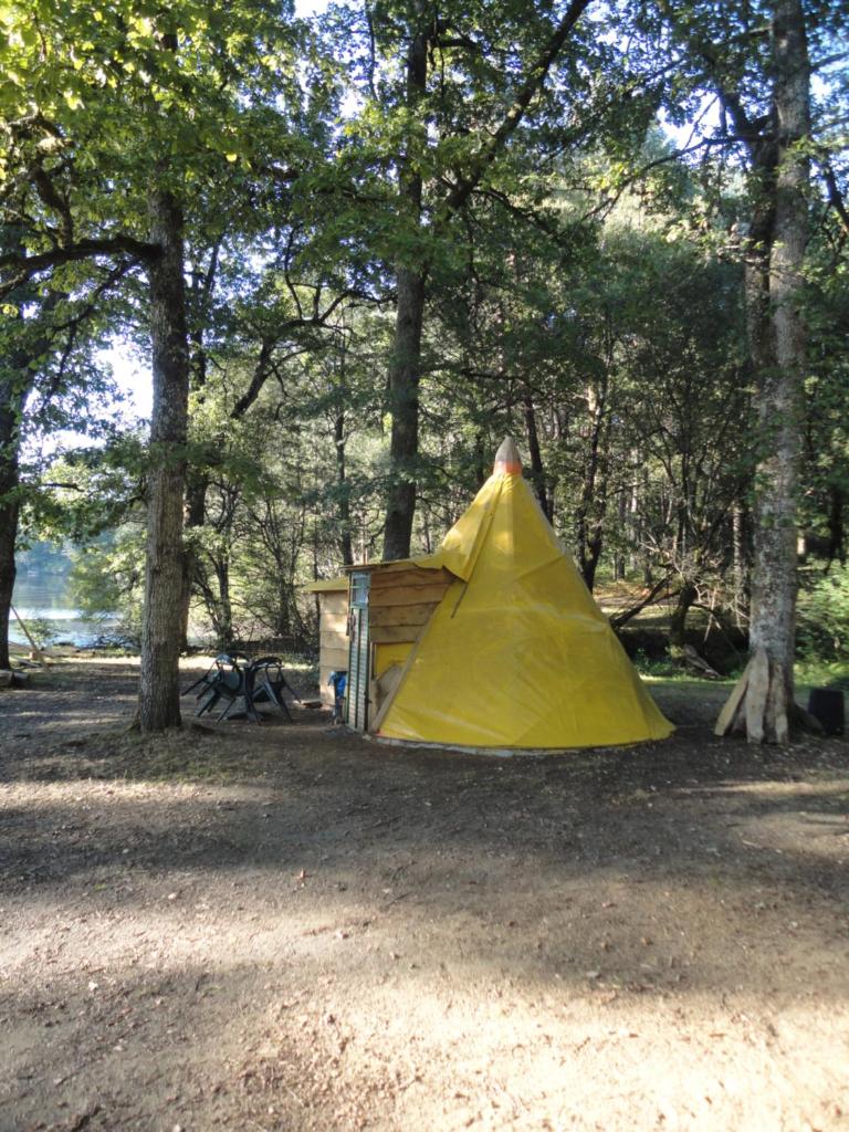 une tente jaune au milieu d'une forêt dans l'établissement air naturel de camping moulin de malesse Tipi, à Saint-Privat