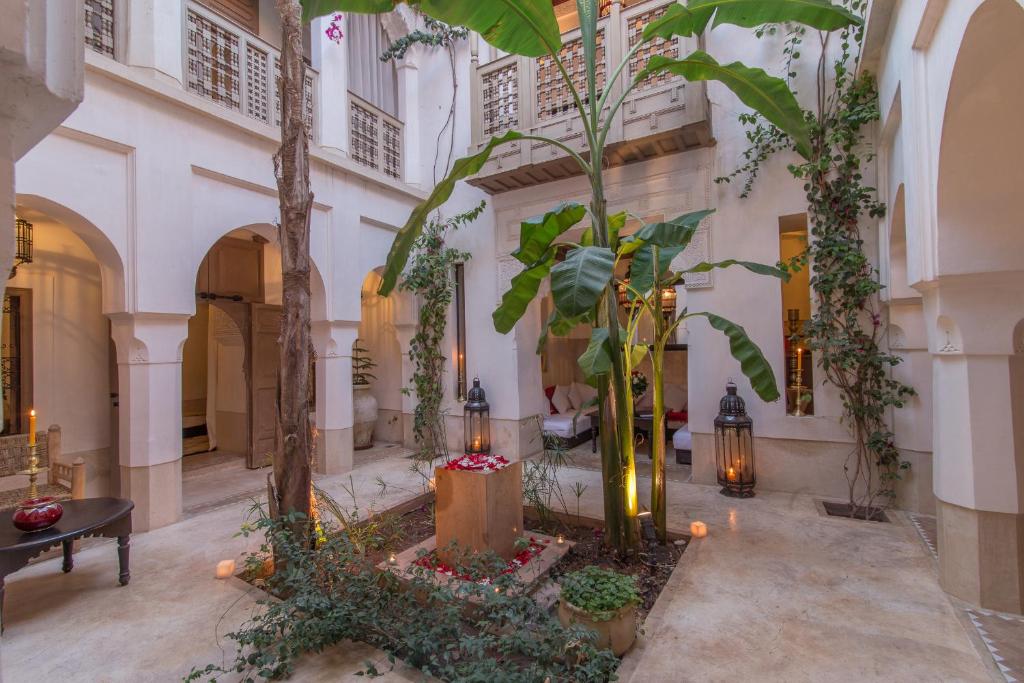 une cour avec des arbres et des bougies dans un bâtiment dans l'établissement Dar Akal, à Marrakech