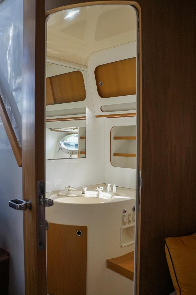La salle de bains est pourvue d'un lavabo et d'un miroir. dans l'établissement Bâteau cocoon en amoureux, à Bordeaux