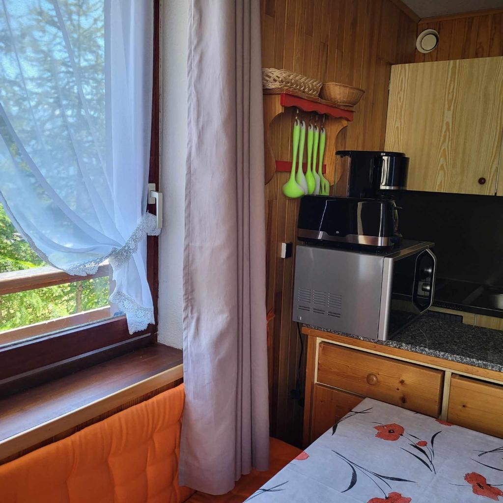 - une cuisine avec une fenêtre et un comptoir avec des ustensiles dans l'établissement Enjoy, à Puy-Saint-Vincent