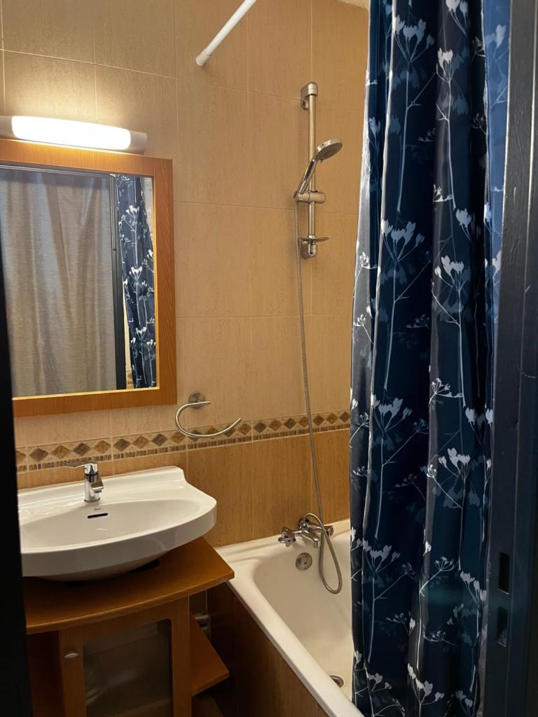 une salle de bain avec un lavabo et un rideau de douche dans l'établissement Ski Piau engaly 50 m des pistes de ski et du cœur de station, à Aragnouet 17 autres photos