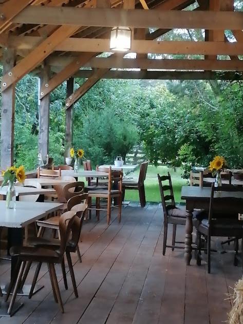 un patio extérieur avec des tables et des chaises ainsi qu'un pavillon dans l'établissement FERME DU CAROIRE, à Azay-le-Ferron