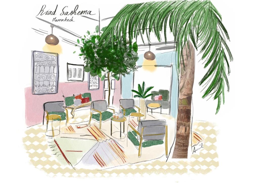 un dessin d'une salle d'attente avec des chaises et un palmier dans l'établissement Riad Sashema, à Marrakech