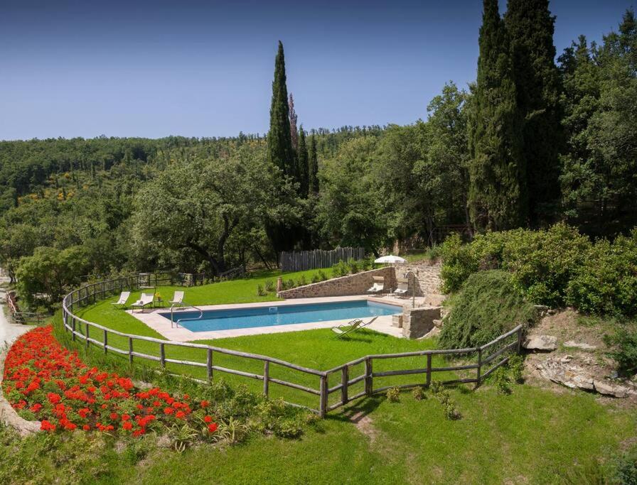 une piscine dans un jardin avec des fleurs rouges dans l'établissement Villa Leopoldina - Pomaio Wines & Hospitality, à Arezzo