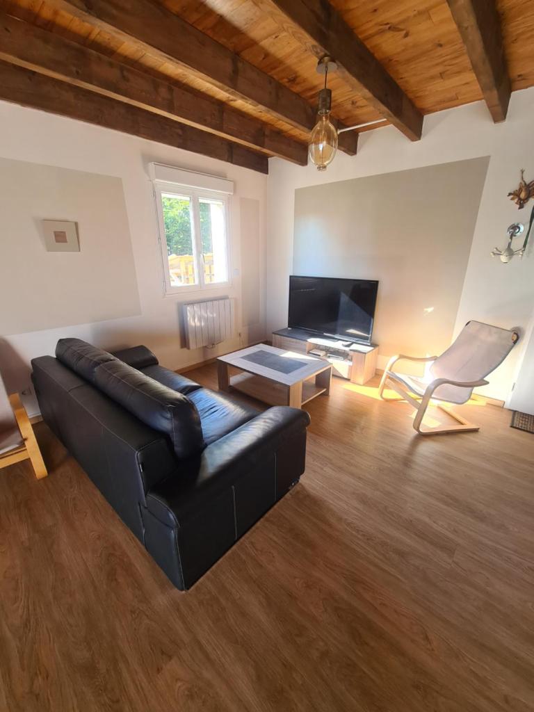 - un salon avec un canapé en cuir noir et une télévision dans l'établissement AUBRAC brameloup, à Prades-dʼAubrac
