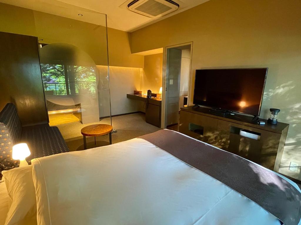 une chambre d'hôtel avec un lit et une télévision à écran plat dans l'établissement Ame no Hi to Yuyake-Adult Only, à Chitose