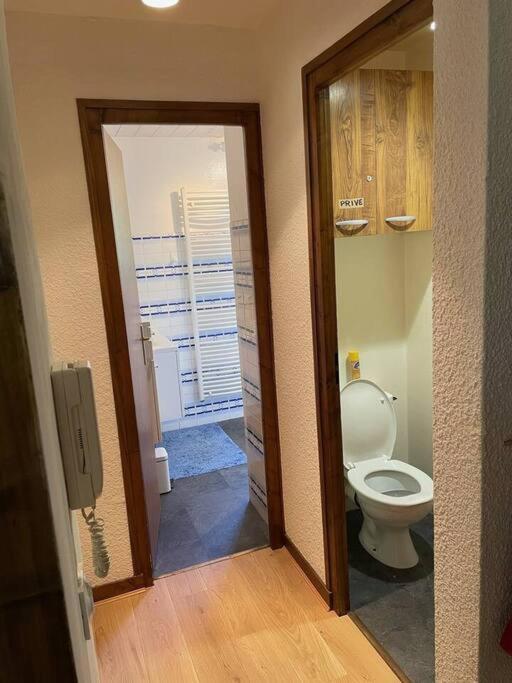 La salle de bains est pourvue de toilettes et d'une porte menant à un couloir. dans l'établissement Charming Bright Spacious Village Walk to lift Hike, à Praz-sur-Arly 37 autres photos