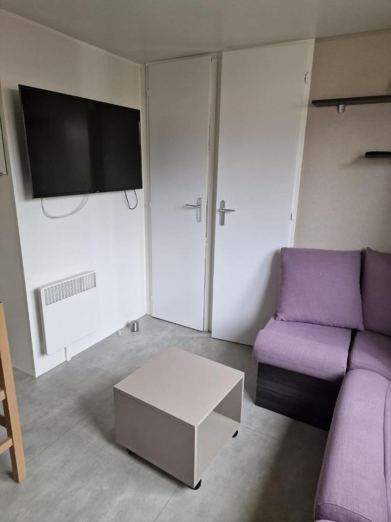 un salon avec un canapé violet et une télévision dans l'établissement Camping Carabasse Vias plage., à Vias