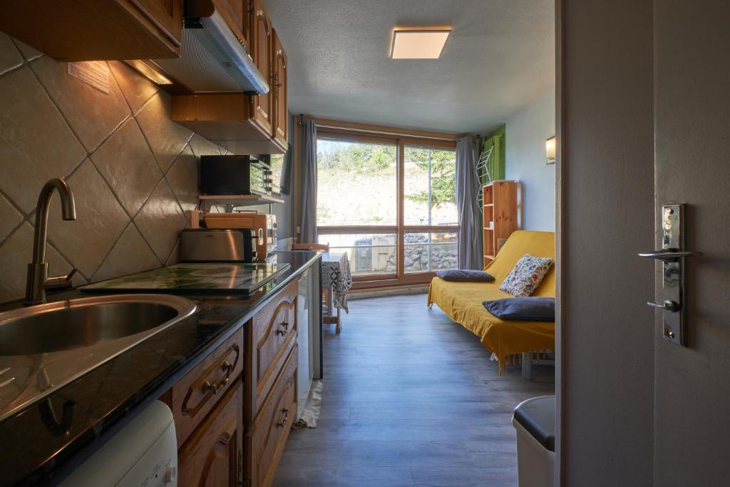 Il dispose d'une cuisine avec un évier et d'un salon avec un canapé. dans l'établissement Studio Villard De Lans, à Villard-de-Lans