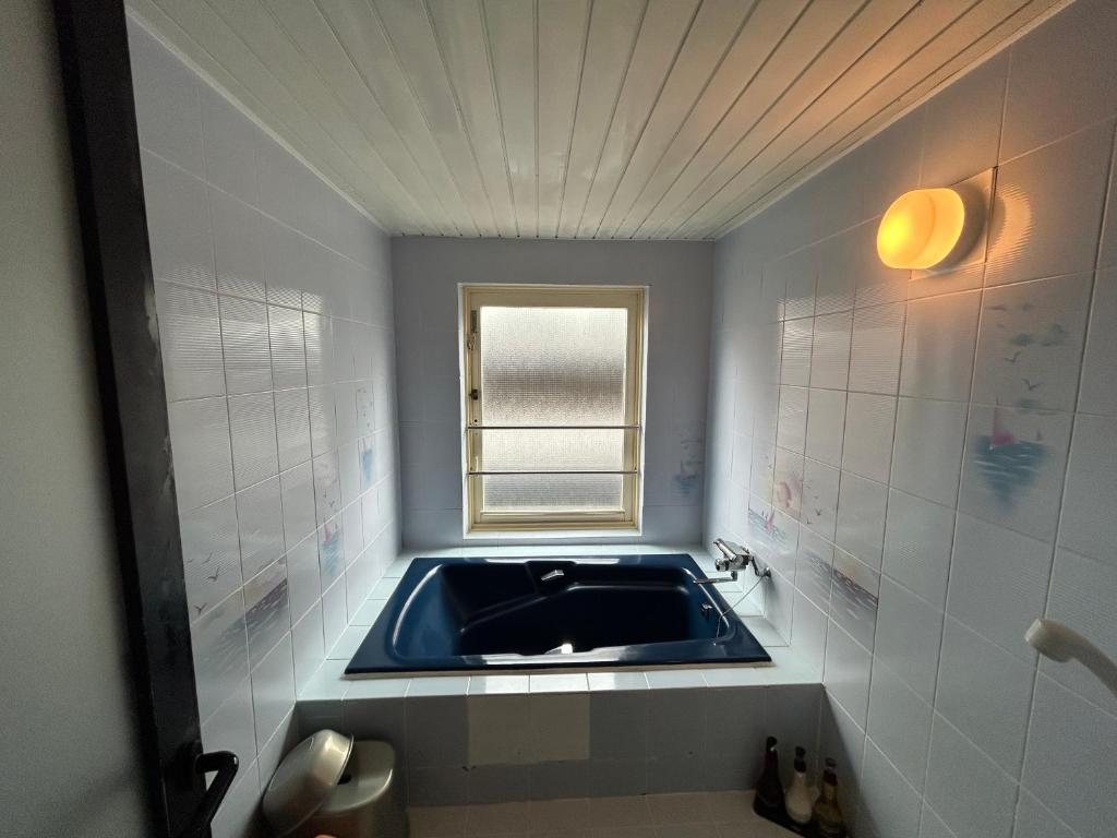une salle de bain avec un lavabo bleu et une fenêtre dans l'établissement Hotel Sunday Brunch (Adult Only), à Kyoto