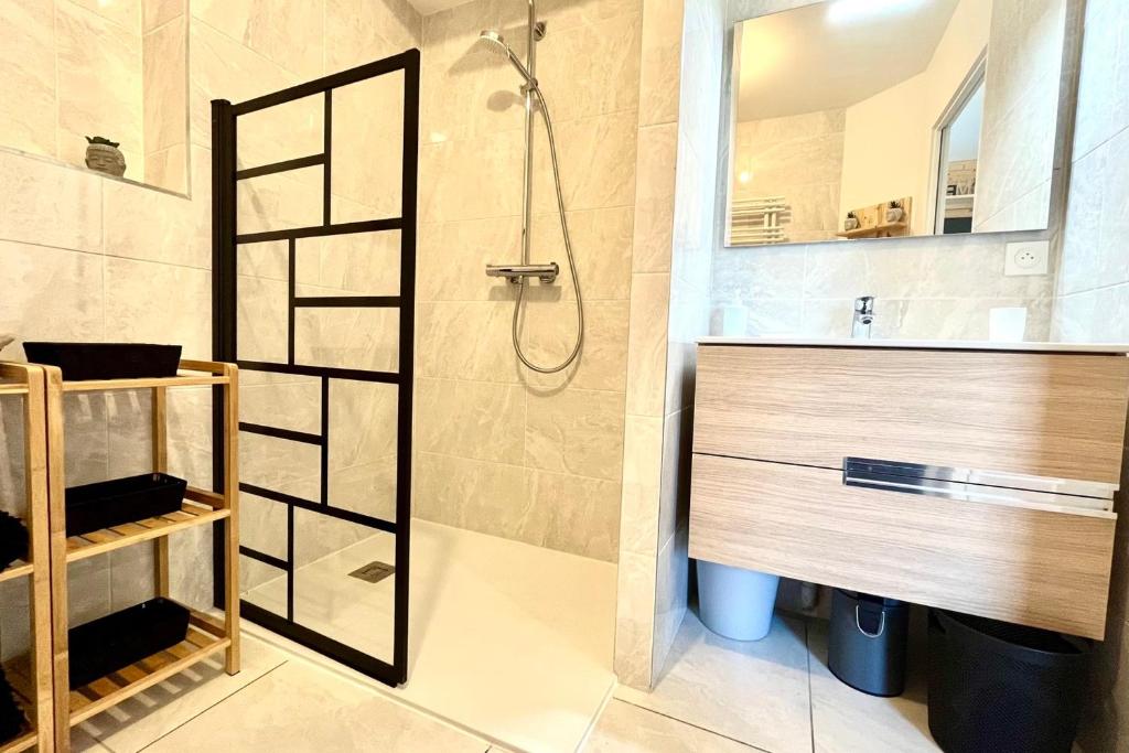 une salle de bain avec douche et lavabo dans l'établissement Comfortable studio well located in Saint-Gervais, à Saint-Gervais-les-Bains