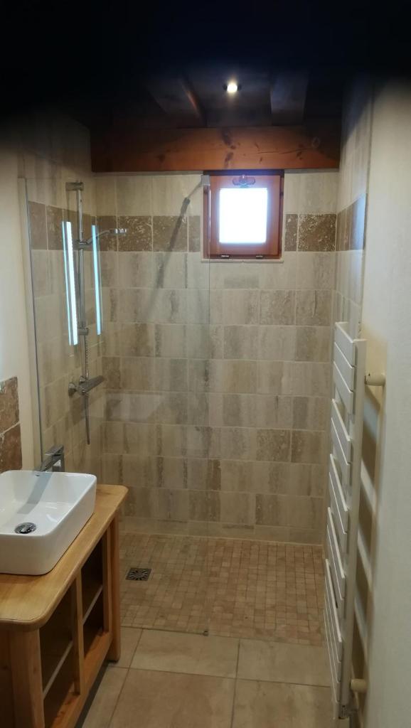 une salle de bain avec un lavabo et une douche dans l'établissement Le Tyrol, à La Plagne Tarentaise