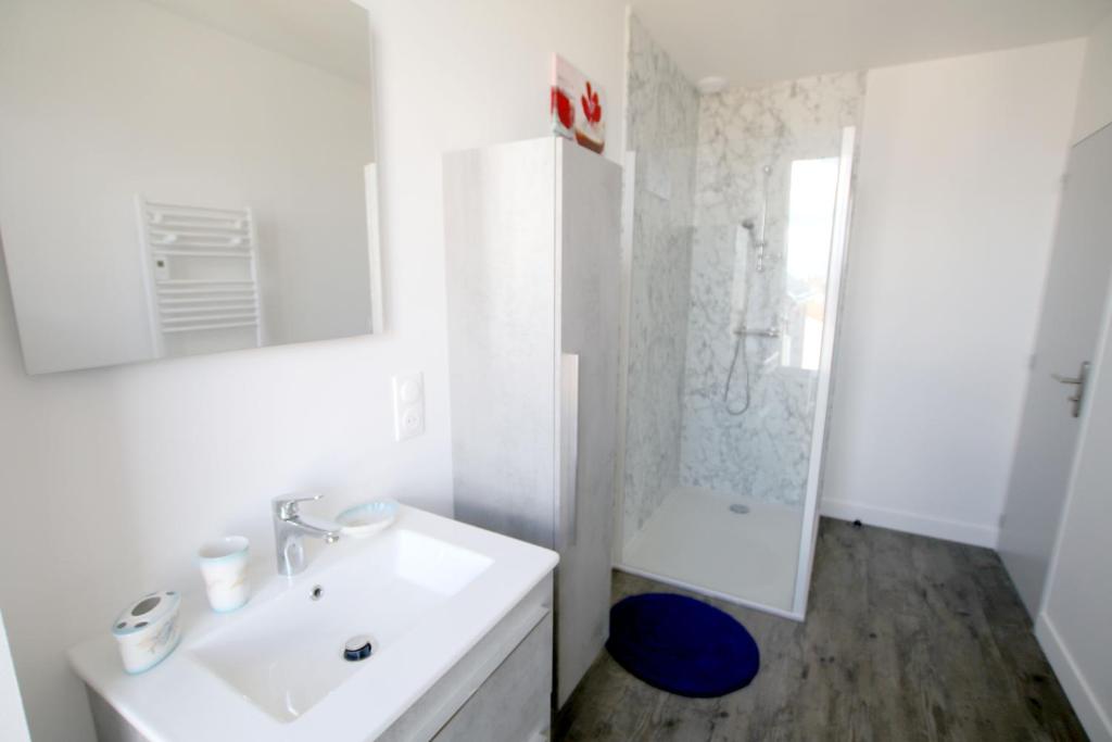 une salle de bain blanche avec un lavabo et une douche dans l'établissement Le gîte de Kelly, à Trémont