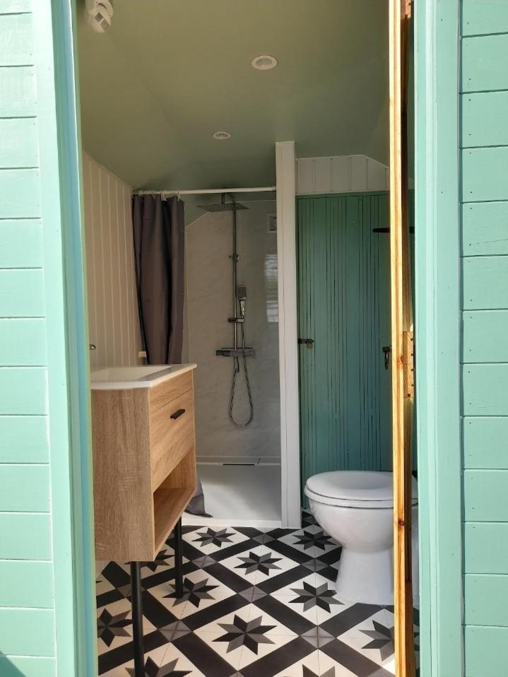 une salle de bain avec toilettes, lavabo et douche dans l'établissement Bellevues Glamping and Camping, à Mérignac
